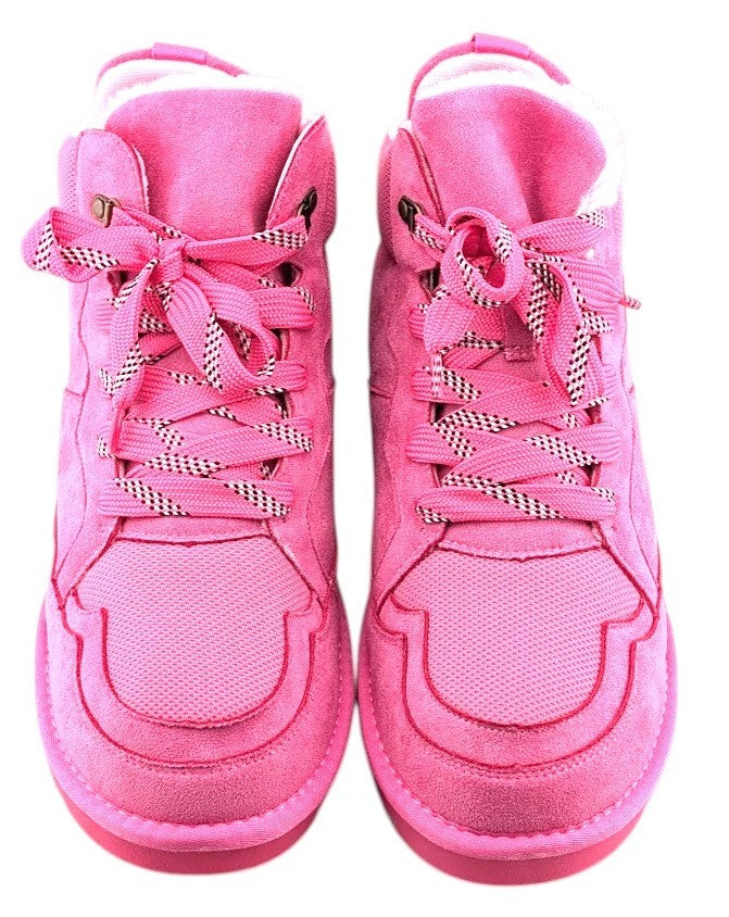 SoleComfort.shoes Melika pink high top sneaker booties with faux fur lining, lace-up closure, and round toe design.
