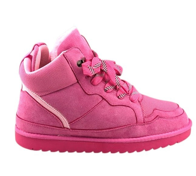 SoleComfort.shoes Melika pink high top sneaker booties with faux fur lining, lace-up closure, and rubber outsole.