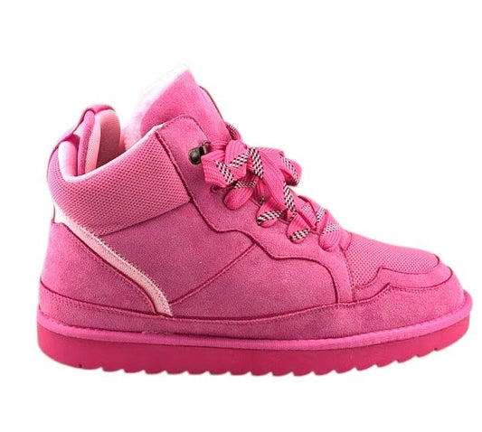 SoleComfort.shoes Melika pink high top sneaker booties with faux fur lining, lace-up closure, and rubber outsole.