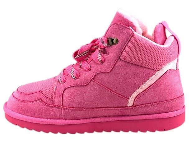 SoleComfort.shoes Melika pink faux fur lined high top sneaker booties with lace-up closure and rubber outsole