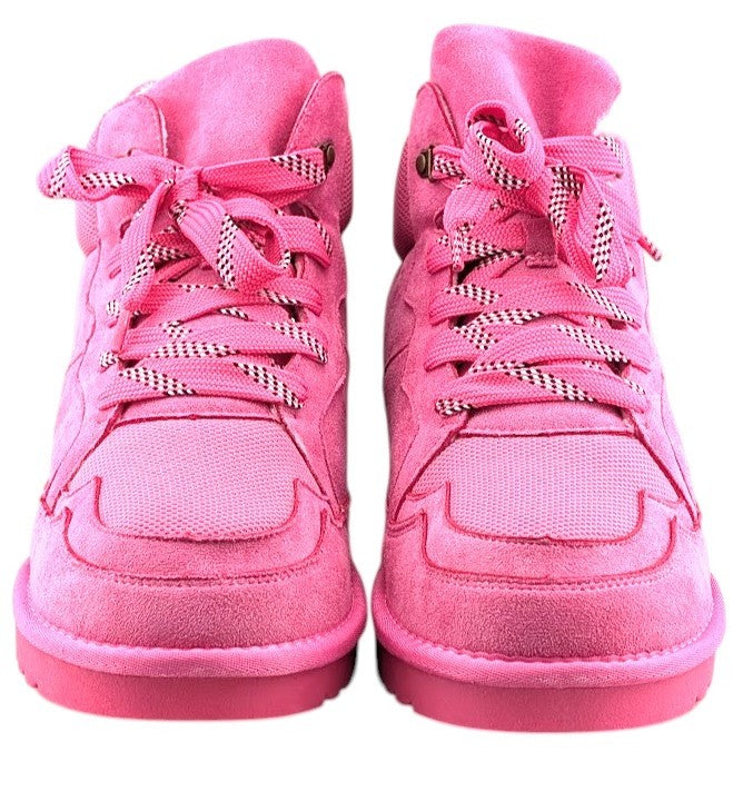 SoleComfort.shoes Melika pink high top sneaker booties with faux fur lining, lace-up closure, and rubber outsoles.