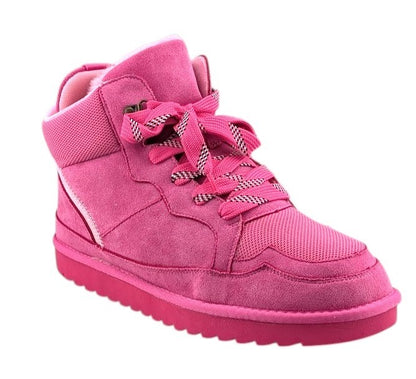 SoleComfort.shoes pink high top sneaker booties with faux fur lining, lace-up closure, and durable rubber outsole.