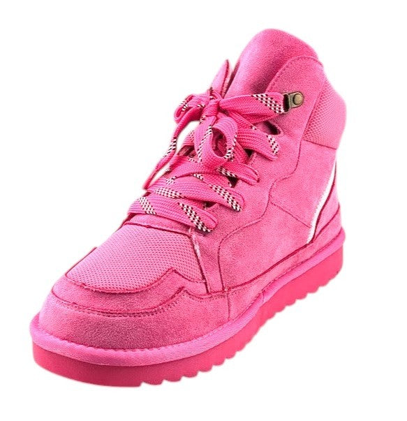 SoleComfort.shoes pink high top sneaker booties with faux fur lining, lace-up closure, and a durable rubber sole.