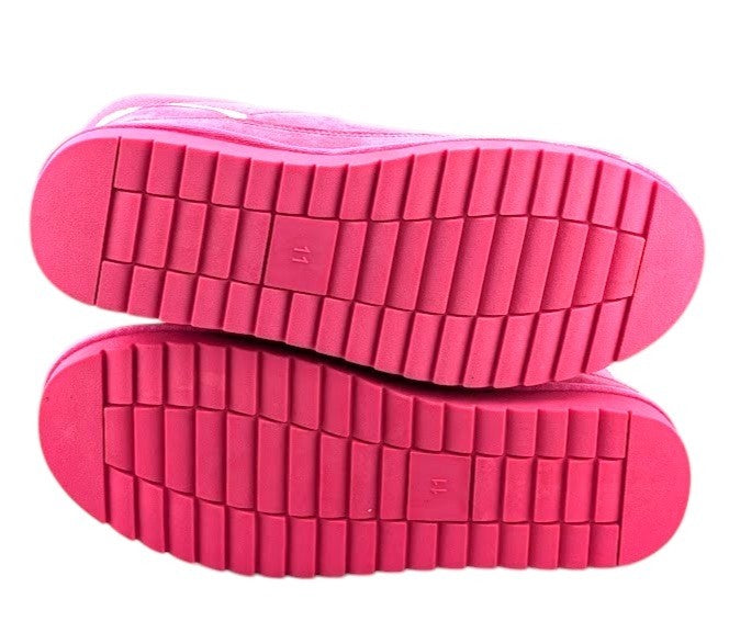 SoleComfort.shoes Melika pink high top sneaker booties showing the bright pink rubber outsoles with size 11 markings